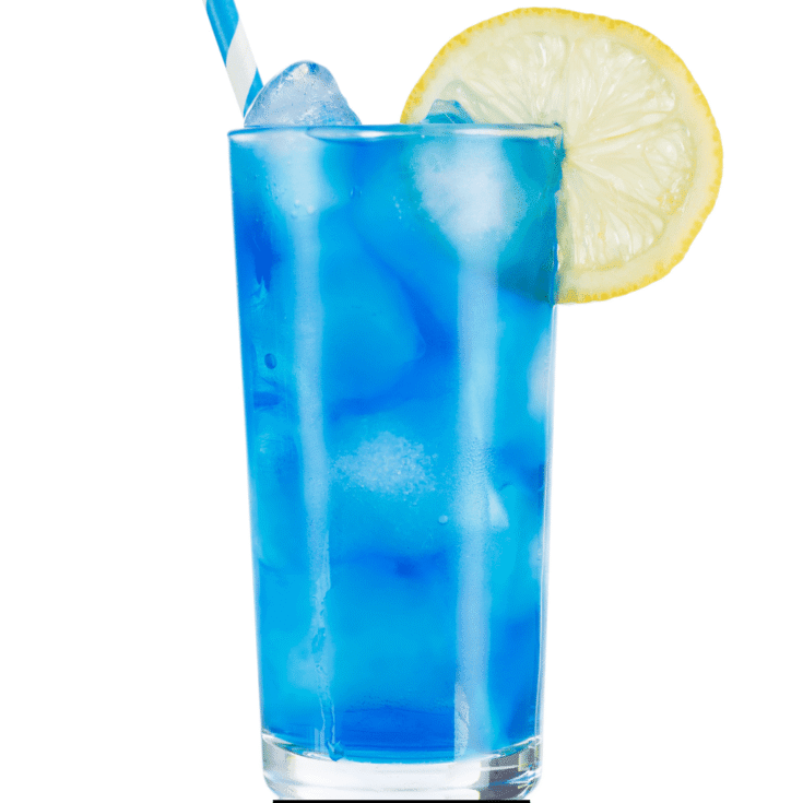 Homemade Sunkist Blueberry Lemonade served with ice cubes and lemon slice.