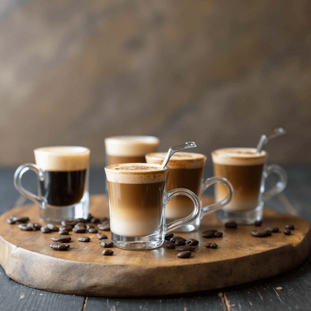 Glasses of Homemade Stok Espresso Shots  served on a wooden tray with coffee beans .