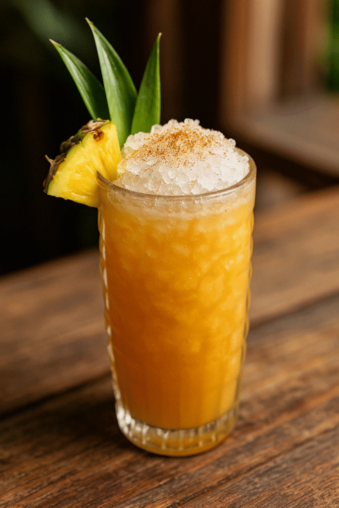 Painkiller cocktail recipe in a textured tiki glass packed with crushed ice, topped with grated nutmeg and a pineapple wedge, set on a rustic wooden surface.