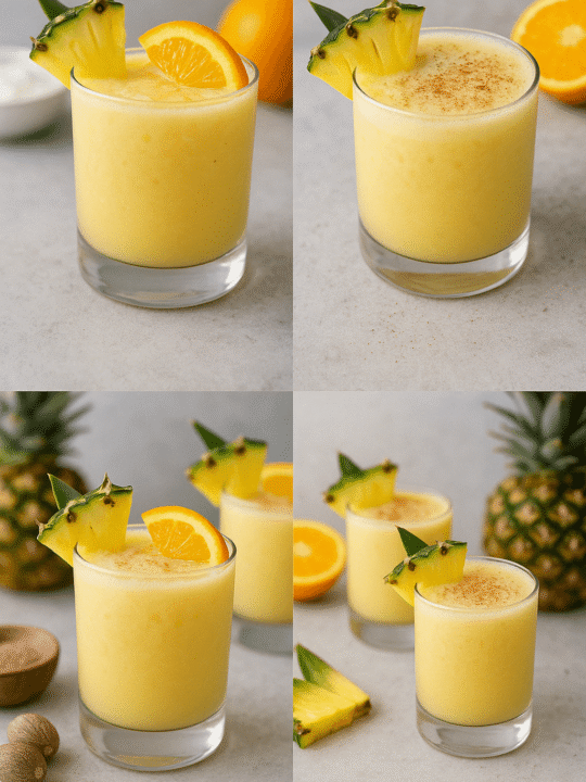 Making a Painkiller cocktail from different angles: blended yellow drink, pineapple and orange garnishes, fresh nutmeg dusting, and whole pineapple in the background.