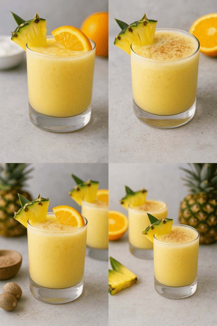 Making a Painkiller cocktail from different angles: blended yellow drink, pineapple and orange garnishes, fresh nutmeg dusting, and whole pineapple in the background.