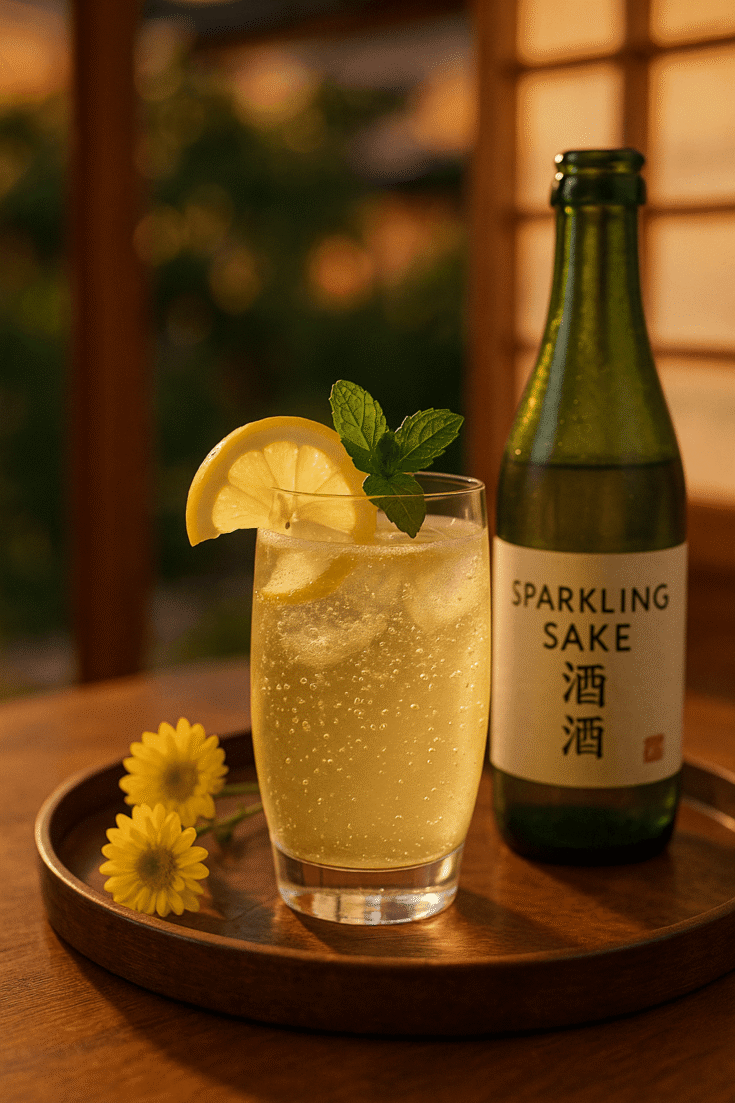 Fizzy Sparkling Sake Cocktail in a glass with a lemon slice and mint garnish served on a wooden tray with flowers and a bottle of sake on a buzzy evening.