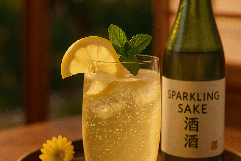 Fizzy Sparkling Sake Cocktail in a glass with a lemon slice and mint garnish served on a wooden tray with flowers and a bottle of sake on a buzzy evening.