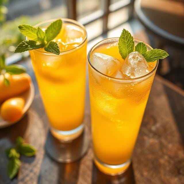 2 glasses of Sparkling Mango Ginger Fizz, garnished with mint and topped with ice, served on a wooden table with a basket of mango at a side, on a summer afternoon