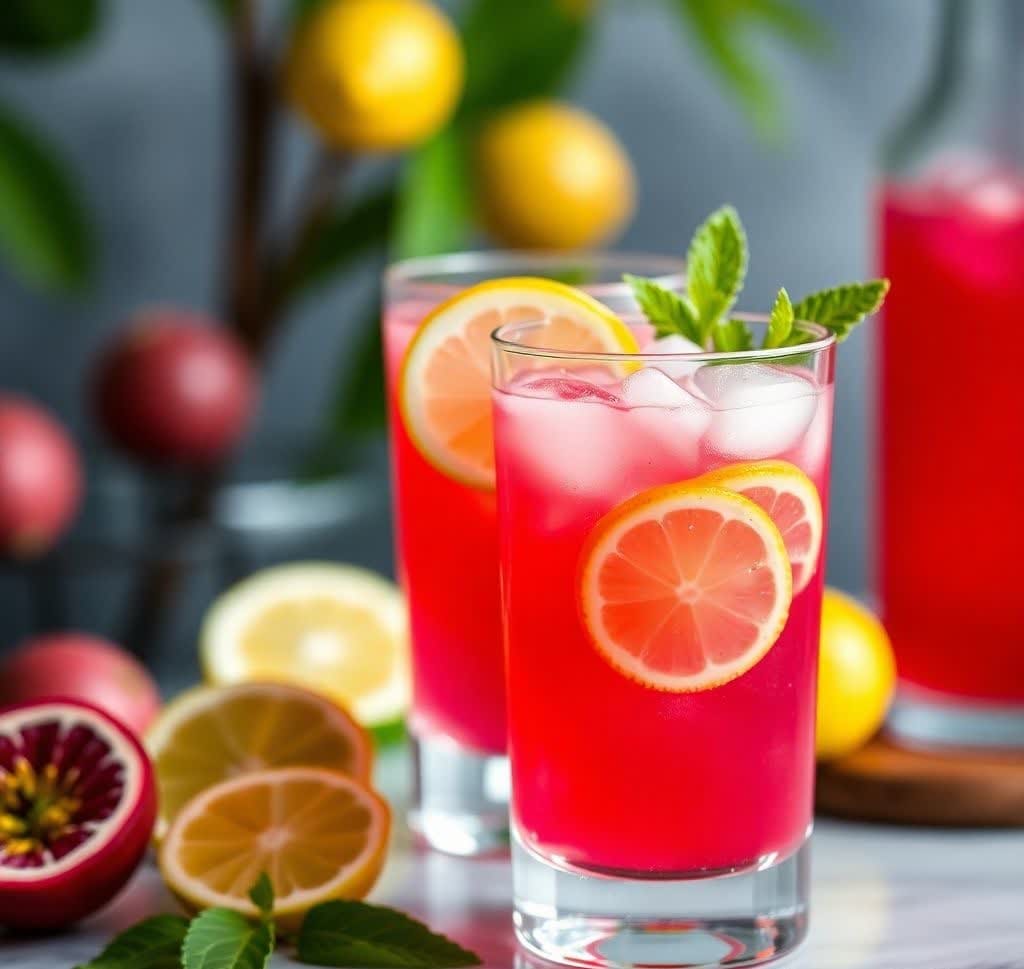 2 glasses of Starbucks Passion Tea Lemonade, garnished with mint and slices of lemons and topped with ice.