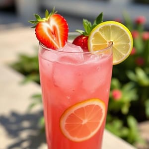 Starbucks Strawberry Acai Lemonade, topped with ice, slices of lemon and strawberries.