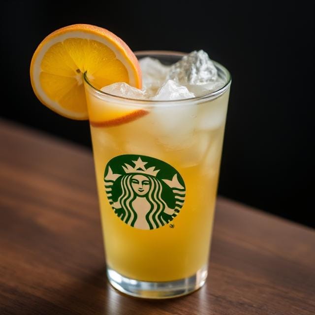 Starbucks Iced Peach Green Tea Lemonade, topped with ice and a slice of lemon